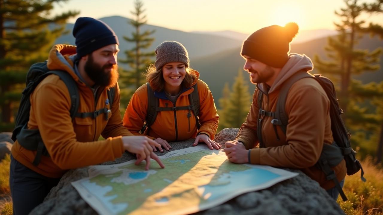 Founding team of Threxalimorenta reviewing a map in the New Hampshire wilderness, smiling and collaborating.