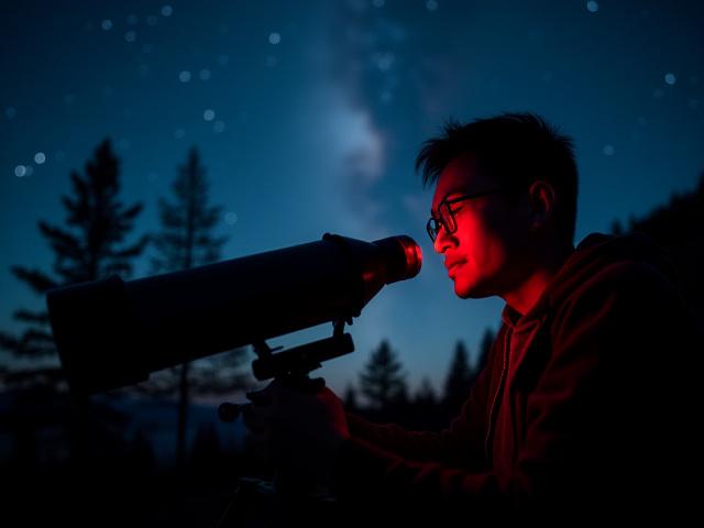Portrait of David Chen, Threxalimorenta's Stargazing Tour Lead, looking through a telescope at night.