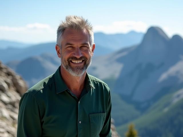 Portrait of Elias Vance, founder of Threxalimorenta, smiling at the summit of a mountain.