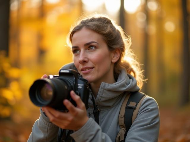 Portrait of Sarah Jenkins, Threxalimorenta's Wilderness Photography Specialist, holding a camera with a mountain backdrop.