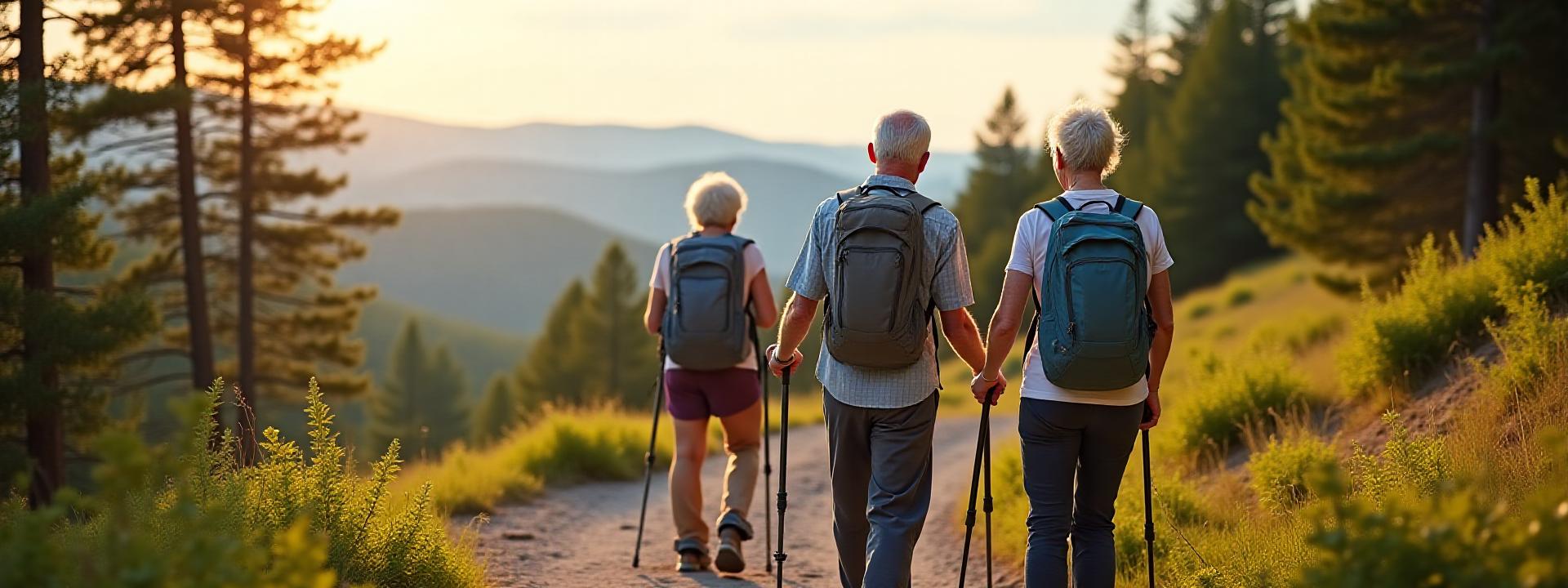 An inspiring image of two seniors, one using walking poles, enjoying a scenic view of the New Hampshire White Mountains from a wide, gentle trail.