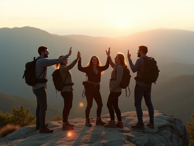 Team on a mountain summit celebrating successful corporate retreat