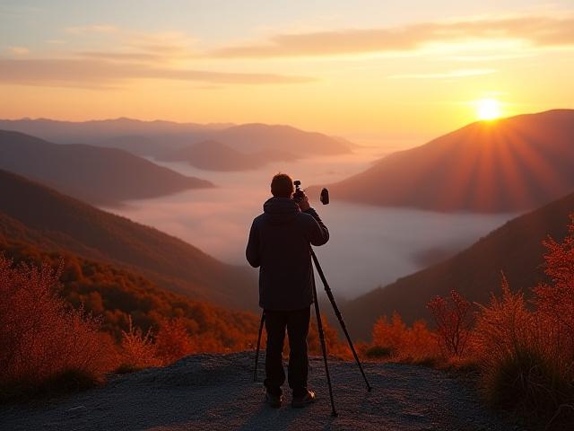 Photographer setting up a tripod at golden hour overlooking a scenic New Hampshire vista