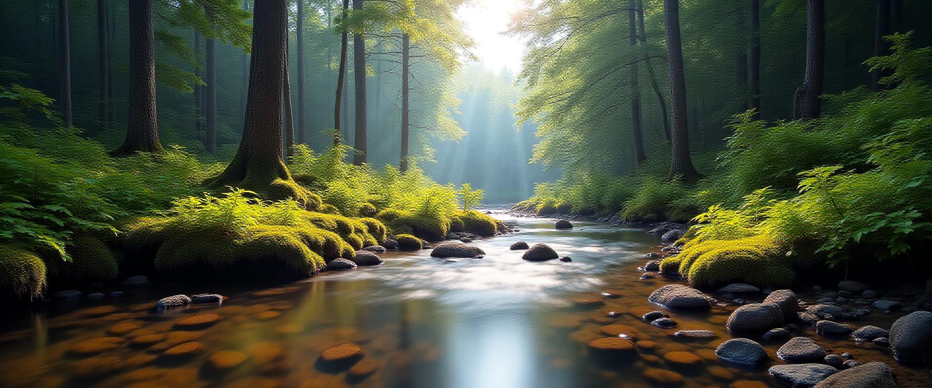 Pristine, untouched New Hampshire stream flowing through a mossy forest, sunlight filtering through trees.