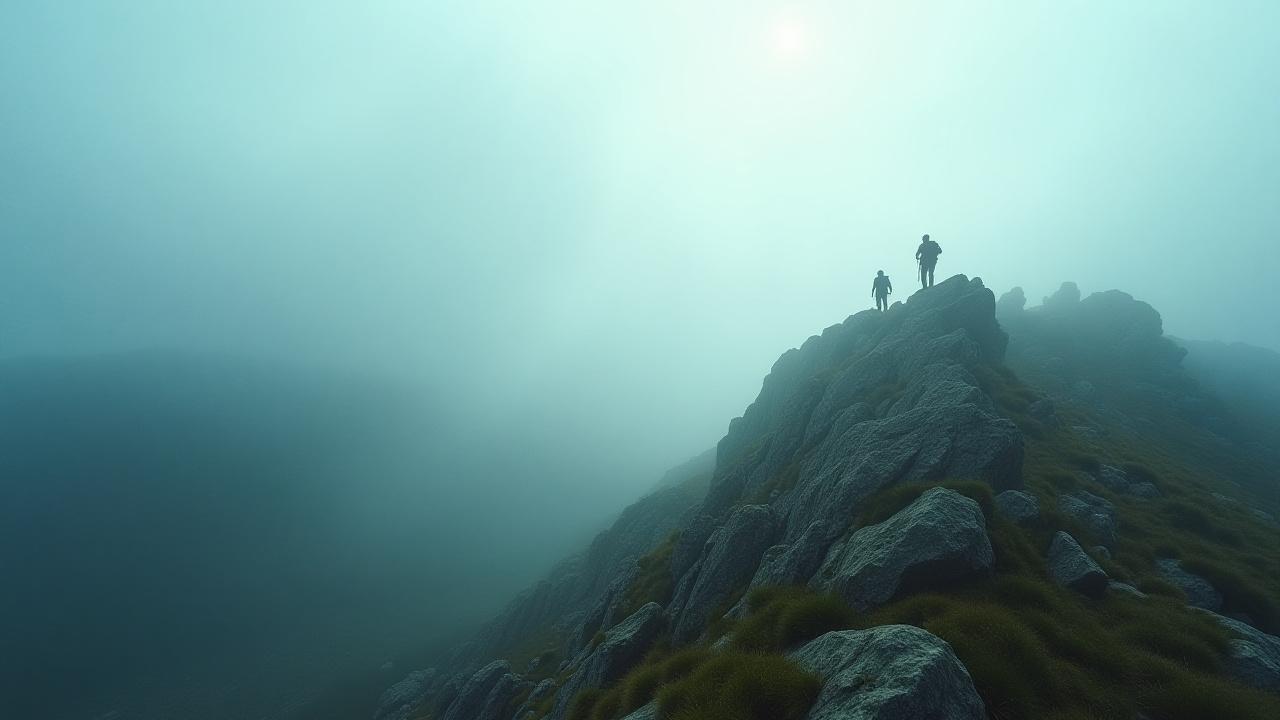 Hikers traversing a exposed ridgeline with dramatic clouds