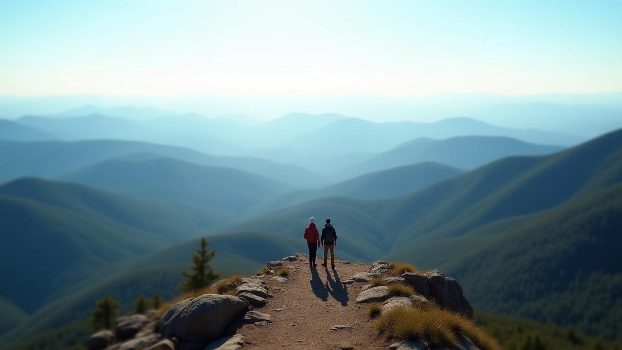 Group celebrating on a mountain summit with expansive views