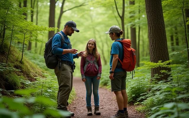 Beginner hikers learning navigation from a guide