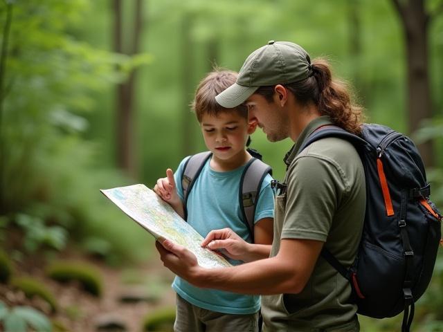 Threxalimorenta guide showing a child points of interest on a trail map during a family hike
