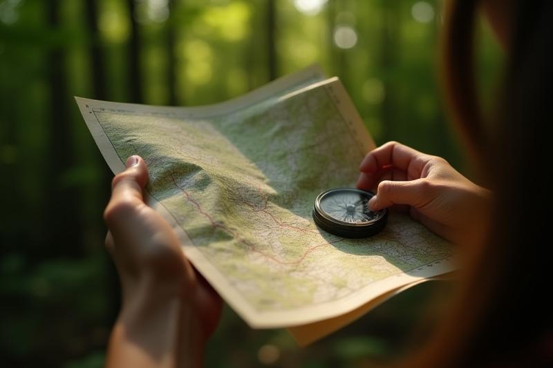 Person using a compass and map in a dense forest, learning navigation skills