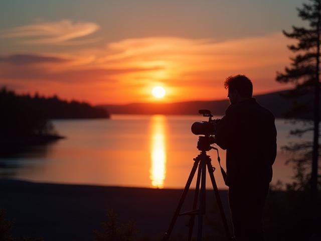 Photographer setting up a tripod at sunset in a New Hampshire wilderness landscape