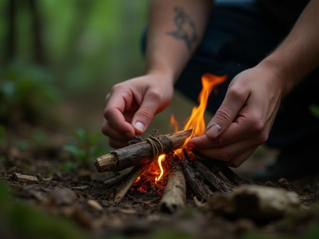A person demonstrating fire-starting techniques in a forest setting