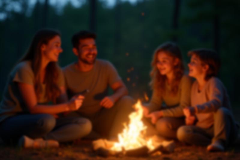 A family laughing around a campfire under a starlit sky