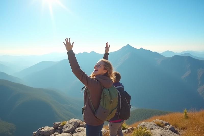 A beaming novice hiker celebrating on a mountain summit with a guide