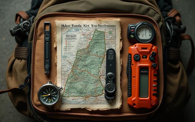 Map, compass, and multi-tool laid on a hiking pack