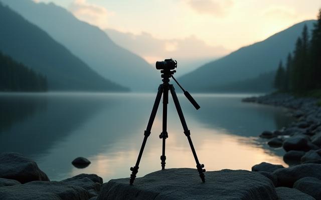 Professional camera tripod set up in a wilderness scene