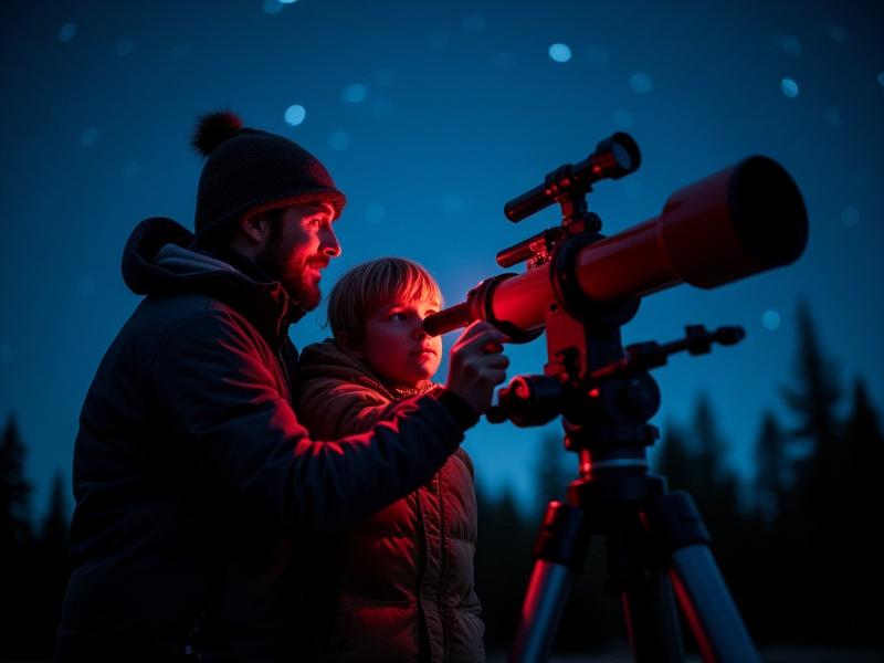 An experienced Threxalimorenta guide helping a young guest look through a large Dobsonian telescope under a starry sky