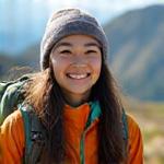 Portrait of Sarah Chen hiking in the mountains