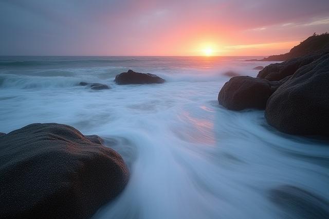 Stunning long exposure photograph of a stormy New England coastline.