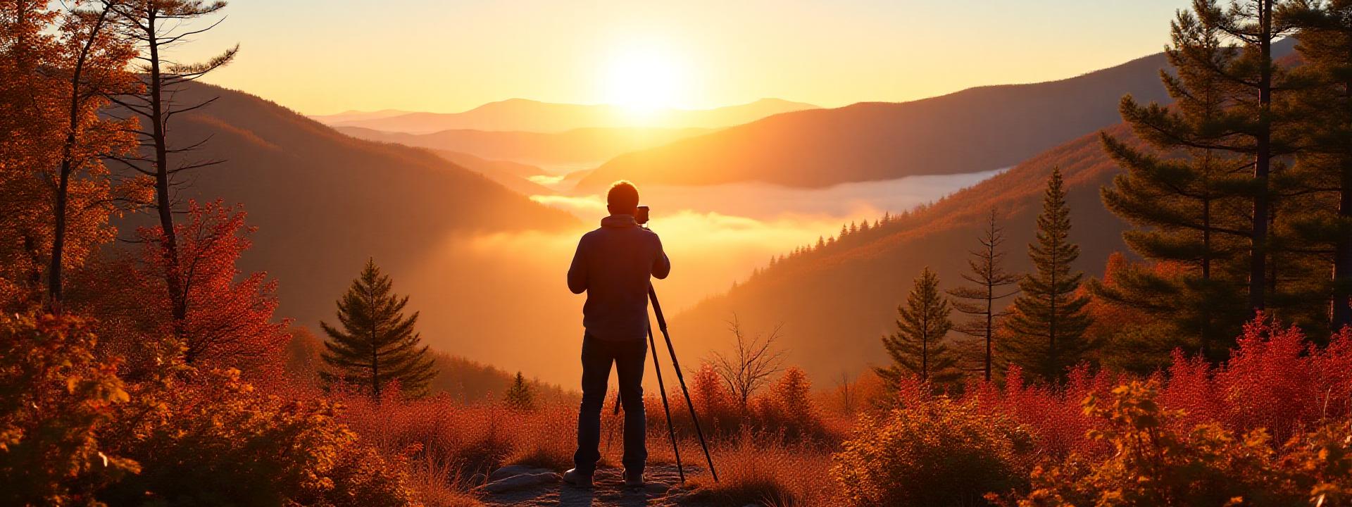 Panoramic view of colorful fall foliage in New Hampshire's White Mountains with a photographer on a tripod capturing the scene at sunrise.