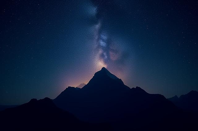 Detailed astrophotograph of the Milky Way core over a mountain peak.