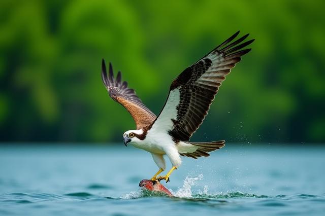 Flight photograph of an osprey diving for fish.