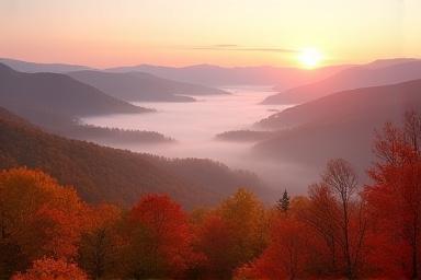 Morning fog over a New Hampshire valley with vibrant autumn trees.