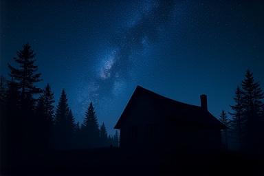 A wide shot of a starry sky over a silhouette of a mountain cabin.