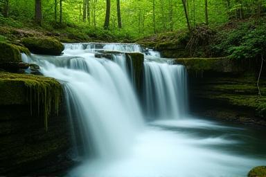 A cascading waterfall captured with a long exposure, blurring the water.
