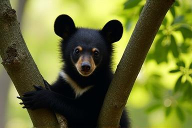 A black bear cub playfully climbing a tree in a sun-dappled forest.