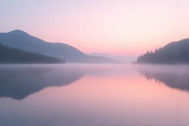 A peaceful lake at dawn with mist rising, reflecting vibrant sky colors.