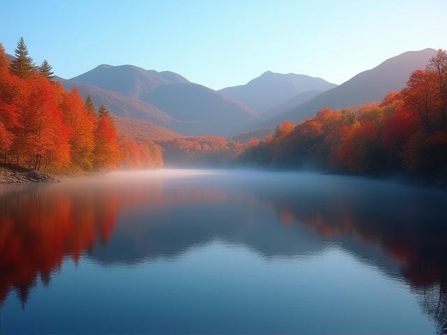 Vibrant autumn trees reflecting in a calm mountain lake at sunrise in the White Mountains.