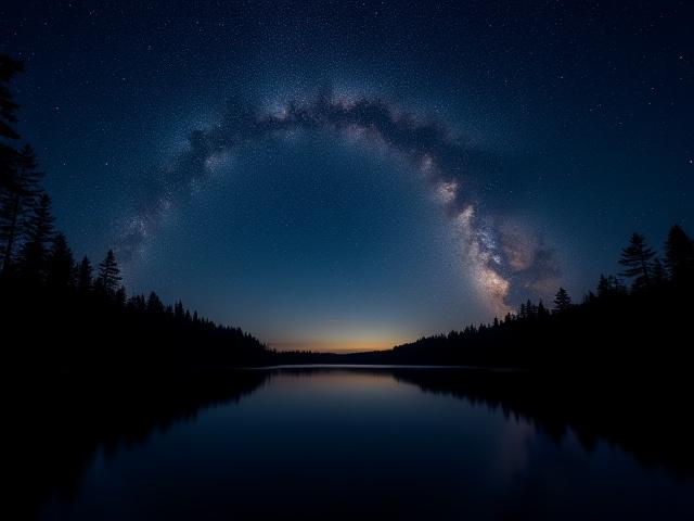 A clear night sky showing the Milky Way galaxy over a calm New Hampshire lake with silhouetted trees.